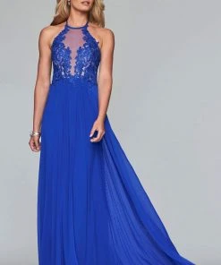 Faviana Formal Gowns- Lace Appliqued Illusion Halter Evening Dress S10203 - 1 Pc Navy In Size 2 Available
