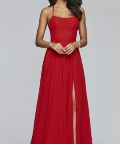 Formal Gowns Faviana - Lace Up Back High Slit Chiffon Dress - 1 Pc Evergreen In Size 12 Available