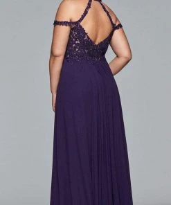 Faviana - Lace V-neck Sheath Dress 9439 - 1 Pc Aubergine In Size 16W Available