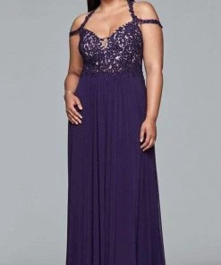 Faviana - Lace V-neck Sheath Dress 9439 - 1 Pc Aubergine In Size 16W Available