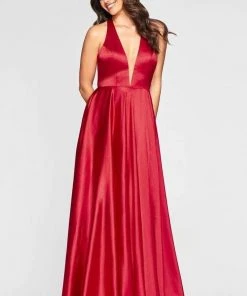 Faviana - Plunging V-Neck Charmeuse A-line Dress S10403 - 1 Pc Red In Size 14 Available