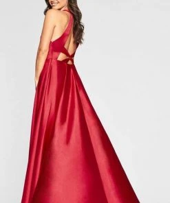 Faviana - Plunging V-Neck Charmeuse A-line Dress S10403 - 1 Pc Red In Size 14 Available