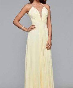 Faviana - Plunging V-Neck Flowy High Slit Chiffon Dress 7747