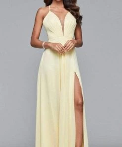Faviana - Plunging V-Neck Flowy High Slit Chiffon Dress 7747