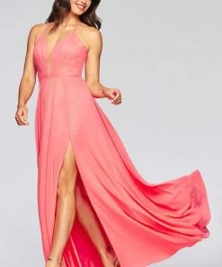 Faviana - Plunging V-Neck Flowy High Slit Chiffon Dress 7747 7 Faviana - Plunging V-Neck Flowy High Slit Chiffon Dress 7747