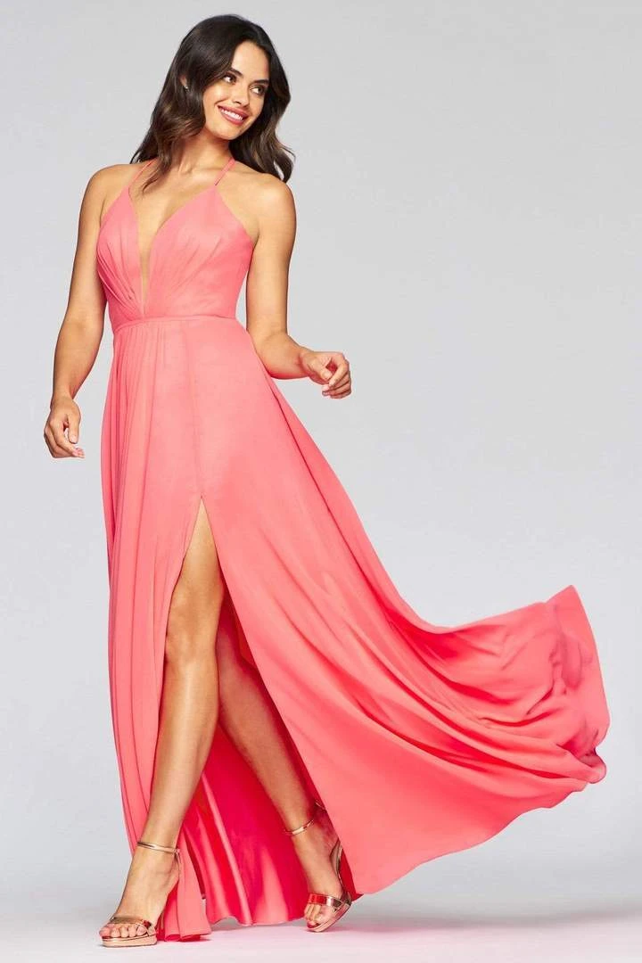 Faviana - Plunging V-Neck Flowy High Slit Chiffon Dress 7747 5 Faviana - Plunging V-Neck Flowy High Slit Chiffon Dress 7747