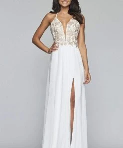 Formal Gowns Faviana - Plunging V Neckline Halter Lace Up Back Gown 10201 - 1 Pc Ivory/Gold In Size 0 And 1 Pc Buttercream In Size 2 Available