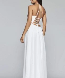 Formal Gowns Faviana - Plunging V Neckline Halter Lace Up Back Gown 10201 - 1 Pc Ivory/Gold In Size 0 And 1 Pc Buttercream In Size 2 Available