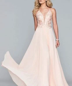 Formal Gowns Faviana - Plunging V Neckline Halter Lace Up Back Gown 10201 - 1 Pc Ivory/Gold In Size 0 And 1 Pc Buttercream In Size 2 Available