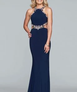 Faviana - S10026 Beaded Halter Trim Cutout Evening Dress Formal Gowns
