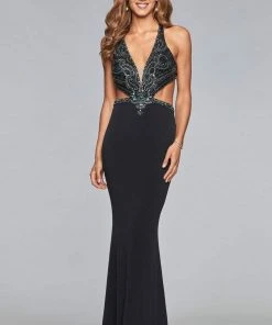 Faviana - S10029 Beaded V-neck Jersey Sheath Dress