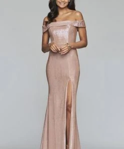Formal Gowns Faviana - S10216 Metallic Jersey Off-Shoulder Sheath Dress