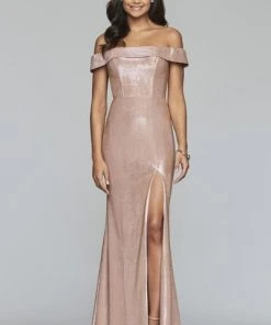 Formal Gowns Faviana - S10216 Metallic Jersey Off-Shoulder Sheath Dress