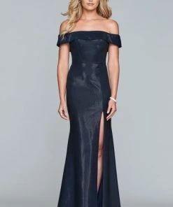 Formal Gowns Faviana - S10216 Metallic Jersey Off-Shoulder Sheath Dress
