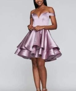 Faviana - S10364 Plunging Off-Shoulder Satin A-line Dress Cocktail Dresses