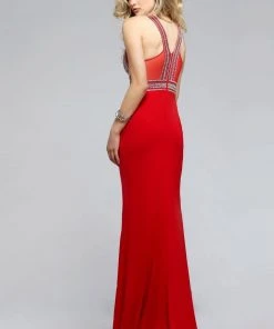 Faviana - S7805 Eye-Catching Jersey Dress With Plunging Neckline - 1 Pc Red In Size 4 Available