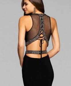 Faviana - S7866 Short Jersey Two-Piece Cocktail Dress With Beaded Trim And Lace-Up Back Cocktail Dresses