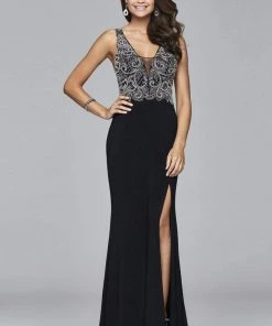 Faviana - S7915 Long Jersey Fit And Flare Dress With Beaded Bodice Formal Gowns
