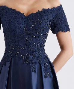 Feriani Couture - Beaded Off Shoulder Pleated Evening Gown 18657 - 1 Pc Navy In Sizes 6 Available