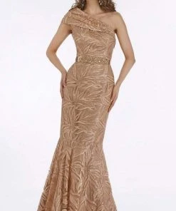 Feriani Couture - Pleated One Shoulder Lace Gown 18916 - 1 Pc Apricot In Size 6 Available