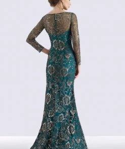 Formal Gowns Feriani Couture - Sequined Floral Long Sleeve Gown 18718 - 1 Pc Navy In Size 12 Available