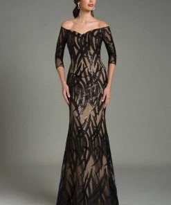 Formal Gowns Feriani Couture Sequined Foliage Off Shoulder Sheath Gown