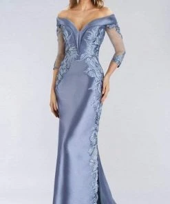 Formal Gowns Feriani Couture - Sheer Quarter Sleeves Embroidered Long Gown 18971 - 1 Pc Silver In Size 16 Available