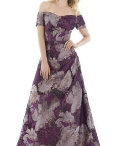 Formal Gowns Feriani Couture - Short Sleeve Floral Off Shoulder Dress 20116 - 1 Pc Purple In Size 16 Available