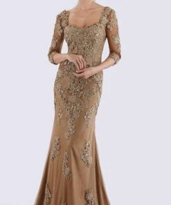 Feriani Couture - Quarter Length Sleeve Appliqued Sheath Gown 26271 - 1 Pc Bronze In Size 10 Available Formal Gowns