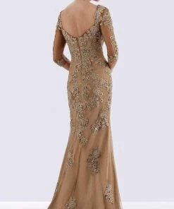 Feriani Couture - Quarter Length Sleeve Appliqued Sheath Gown 26271 - 1 Pc Bronze In Size 10 Available Formal Gowns