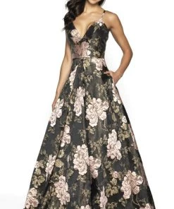 Blush By Alexia Designs Formal Gowns Flair Prom - 19097 Brocade Plunging V-neck A-line Dress