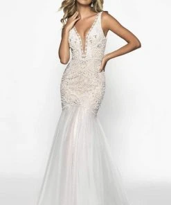 Blush By Alexia Designs Flair Prom - 19213 Embellished Deep V-neck Tulle Trumpet Dress