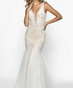 Blush By Alexia Designs Flair Prom - Embellished Illusion Plunging Neck Tulle Trumpet Dress 19213 - 1 Pc Ivory/Nude In Size 8 Available