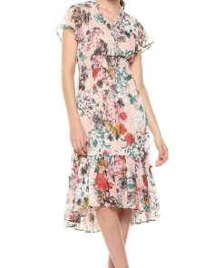 Gabby Skye - 18176M Smocked Waistband V Neck Floral Print Dress Cocktail Dresses