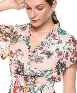 Gabby Skye - 18176M Smocked Waistband V Neck Floral Print Dress Cocktail Dresses 7 Gabby Skye - 18176M Smocked Waistband V Neck Floral Print Dress Cocktail Dresses