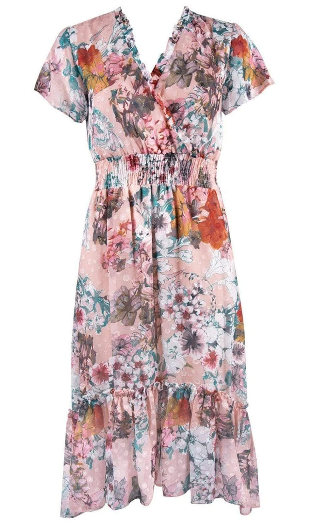 Gabby Skye - 18176M Smocked Waistband V Neck Floral Print Dress Cocktail Dresses 5 Gabby Skye - 18176M Smocked Waistband V Neck Floral Print Dress Cocktail Dresses