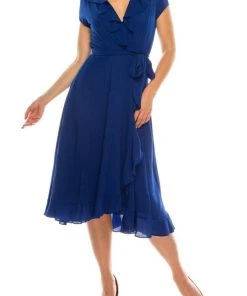 Gabby Skye - 56839MG Short Sleeve Metallic Pinstriped Faux Wrap Dress Cocktail Dresses