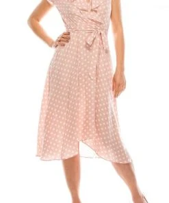 Gabby Skye - 57538MG Polka Dot Ruffle Neckline Faux Wrap Dress