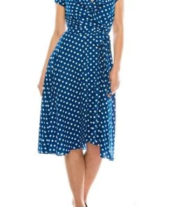 Gabby Skye - 57538MG Polka Dot Ruffle Neckline Faux Wrap Dress