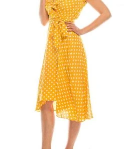 Gabby Skye - 57538MG Polka Dot Ruffle Neckline Faux Wrap Dress