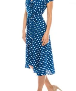 Gabby Skye - 57538MG Polka Dot Ruffle Neckline Faux Wrap Dress