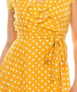 Gabby Skye - 57538MG Polka Dot Ruffle Neckline Faux Wrap Dress