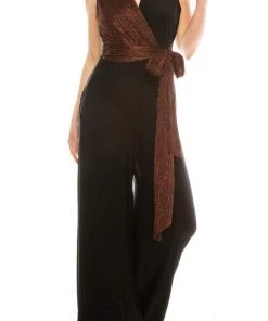Gabby Skye - 85172M Dual Toned Metallic Waist Tie Wide Leg Jumpsuit Prom Dresses 14 Gabby Skye - 85172M Dual Toned Metallic Waist Tie Wide Leg Jumpsuit Prom Dresses