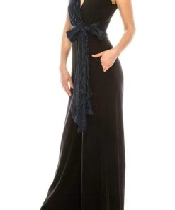 Gabby Skye - 85172M Dual Toned Metallic Waist Tie Wide Leg Jumpsuit Prom Dresses 12 Gabby Skye - 85172M Dual Toned Metallic Waist Tie Wide Leg Jumpsuit Prom Dresses