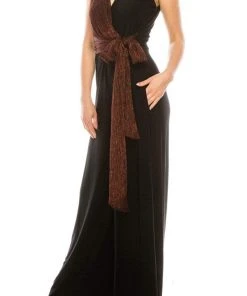 Gabby Skye - 85172M Dual Toned Metallic Waist Tie Wide Leg Jumpsuit Prom Dresses 16 Gabby Skye - 85172M Dual Toned Metallic Waist Tie Wide Leg Jumpsuit Prom Dresses