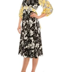 Gabby Skye - 91196MG Quarter Sleeve Floral Color Block A-Line Dress Cocktail Dresses