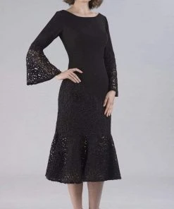 Gia Franco - Bell Sleeve Mermaid Tea Length Dress 12054 - 1 Pc Black In Size 12 Available Cocktail Dresses