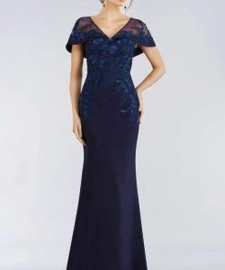 Gia Franco - Floral Embroidered Cape Sleeve Mermaid Gown 12955 - 1 Pc Navy In Size 10 Available Formal Gowns