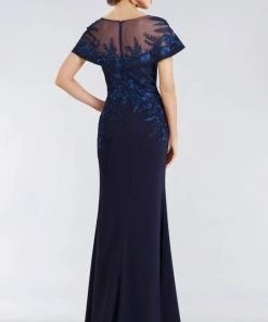 Gia Franco - Floral Embroidered Cape Sleeve Mermaid Gown 12955 - 1 Pc Navy In Size 10 Available Formal Gowns