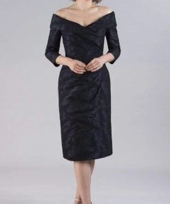 Cocktail Dresses Gia Franco - Off Shoulder Drape-Ornate Lace Dress 12053 - 1 Pc Navy In Size 8 Available